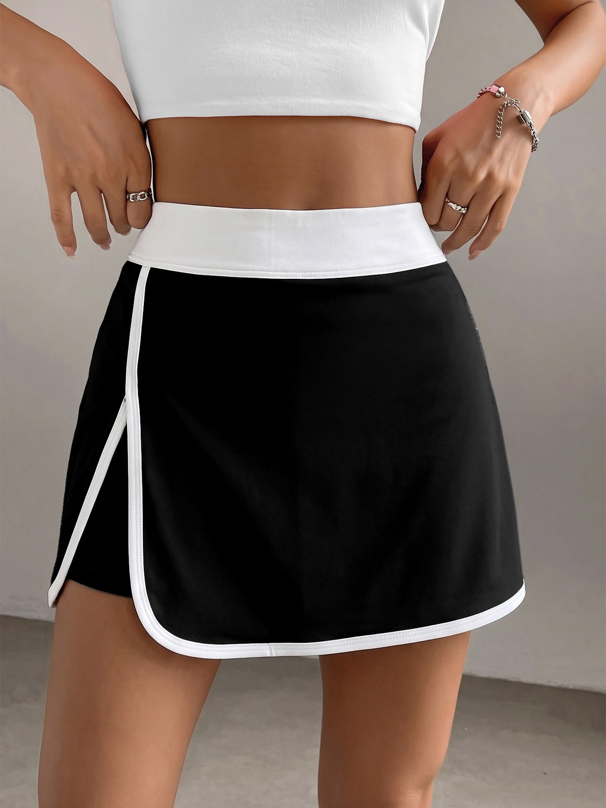 Contrast Waistband Side Slit Tennis Skirt - Black