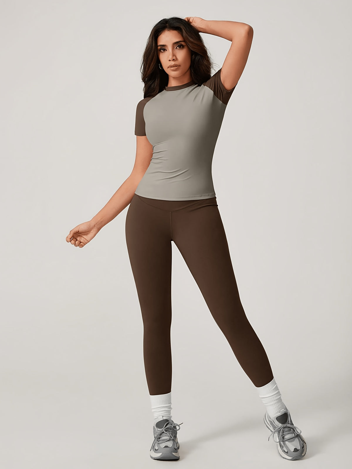 Colour Block Tee & Leggings Set - Coffee & Grey