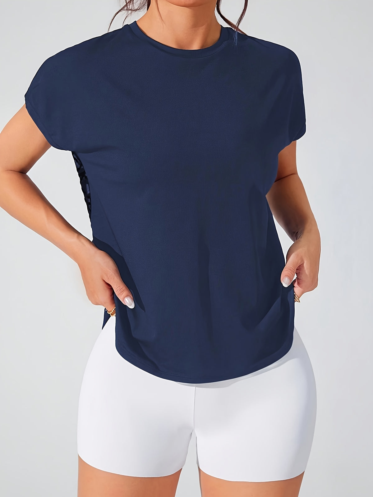 Geometric Mesh Back Sports Tee - Navy