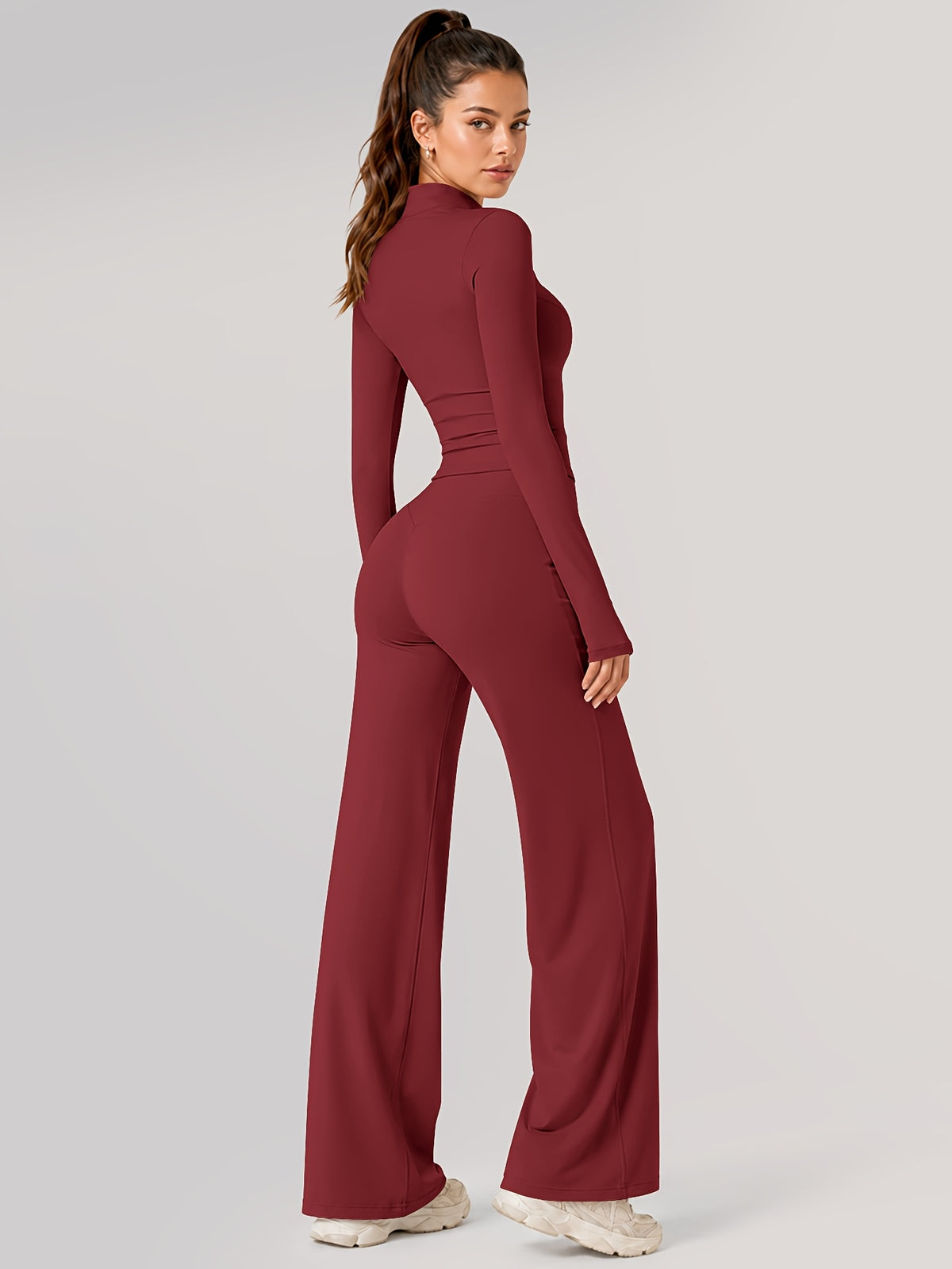 Zip Jacket & Wide Leg Pants Set - Burgundy
