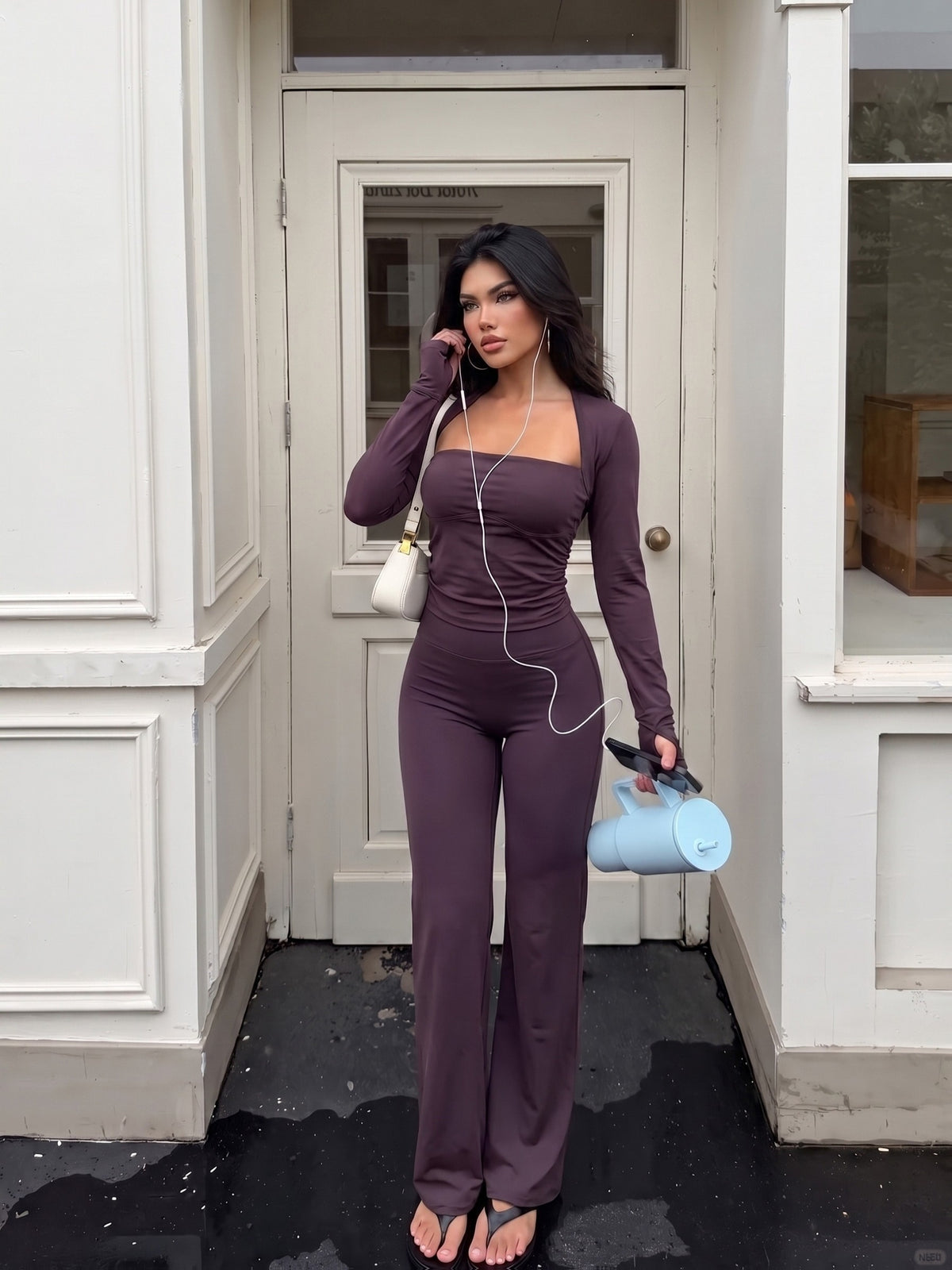 Square Neck Top & Flare Pants Set - Deep Purple