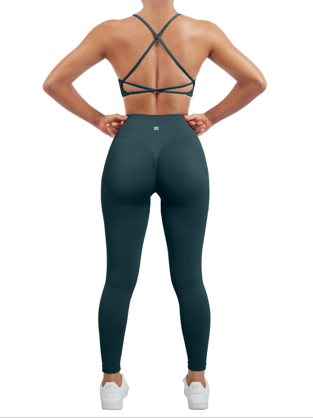 Spaghetti Strap Cross Back Bra & Leggings Set - Dark Green