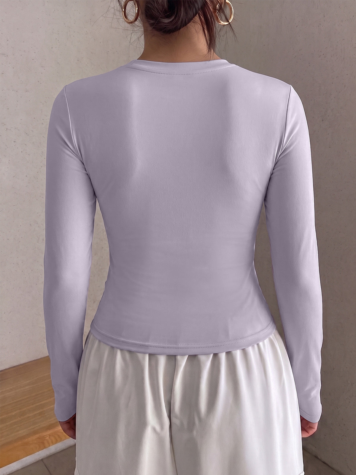 Round Neck Shaping Long Sleeve Top - Light Purple