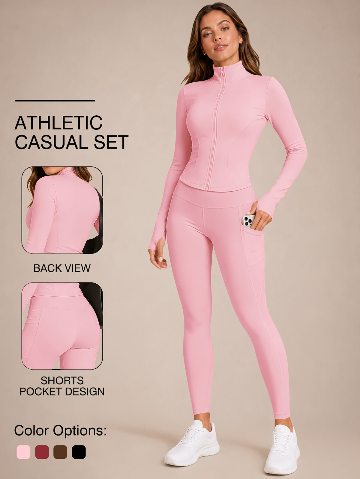 Stand Collar Jacket & Leggings Set - Pink