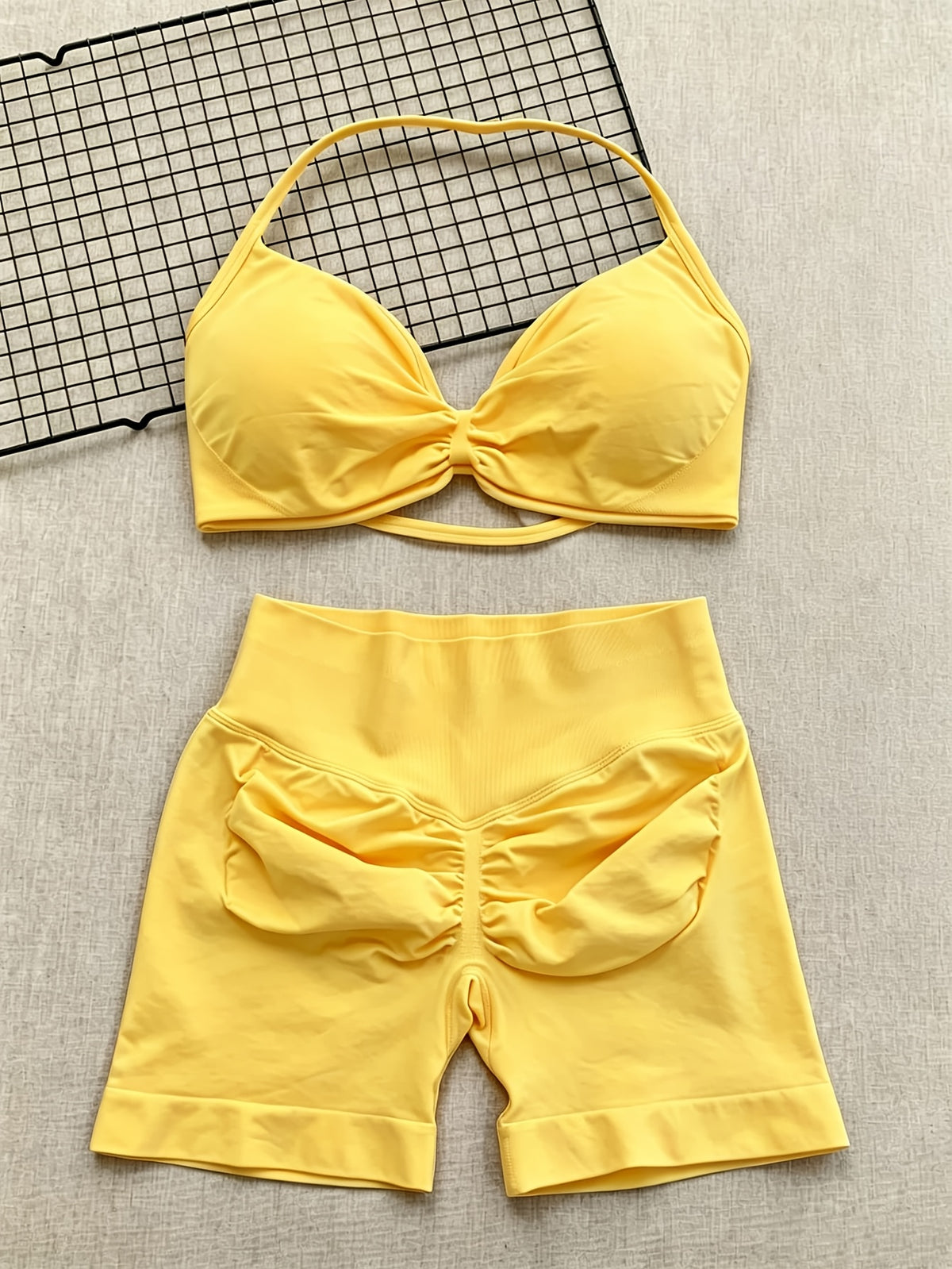 Halter Neck Bra & Hip Lift Shorts Set - Bright Yellow