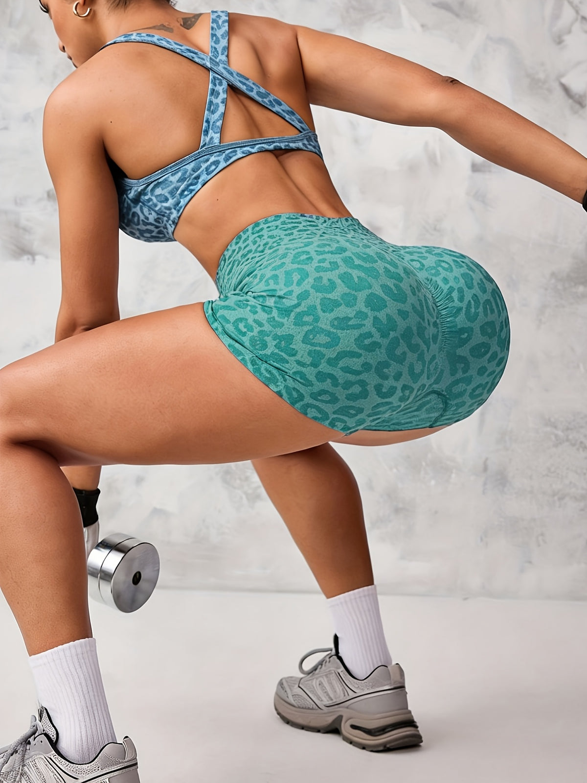 High Waist Spotted Leopard Seamless Shorts - Peacock Blue