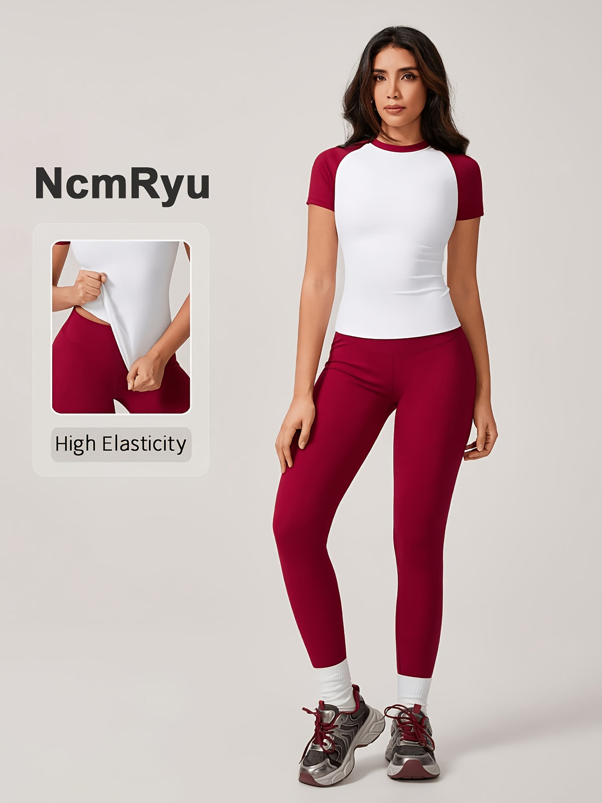 Colour Block Tee & Leggings Set - Red & White
