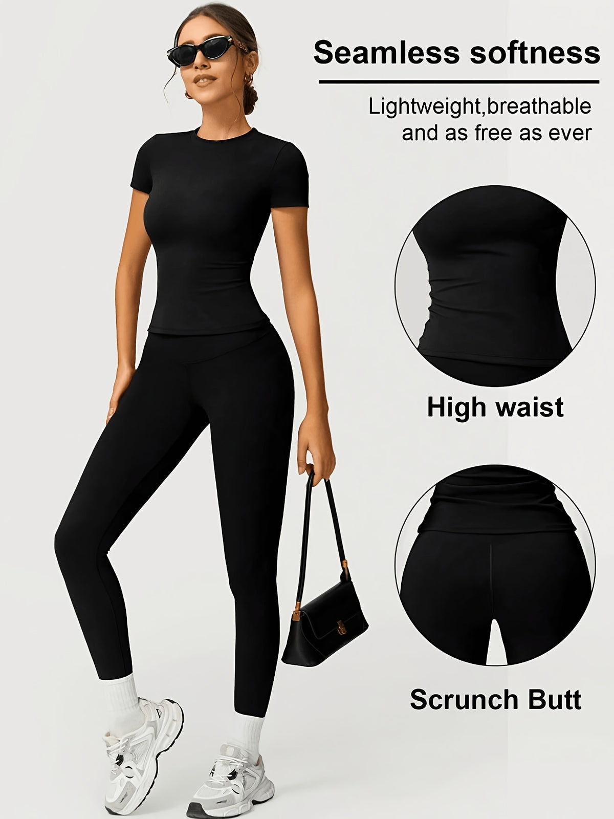 Slim Round Neck Top & Lifting Leggings Set - Black
