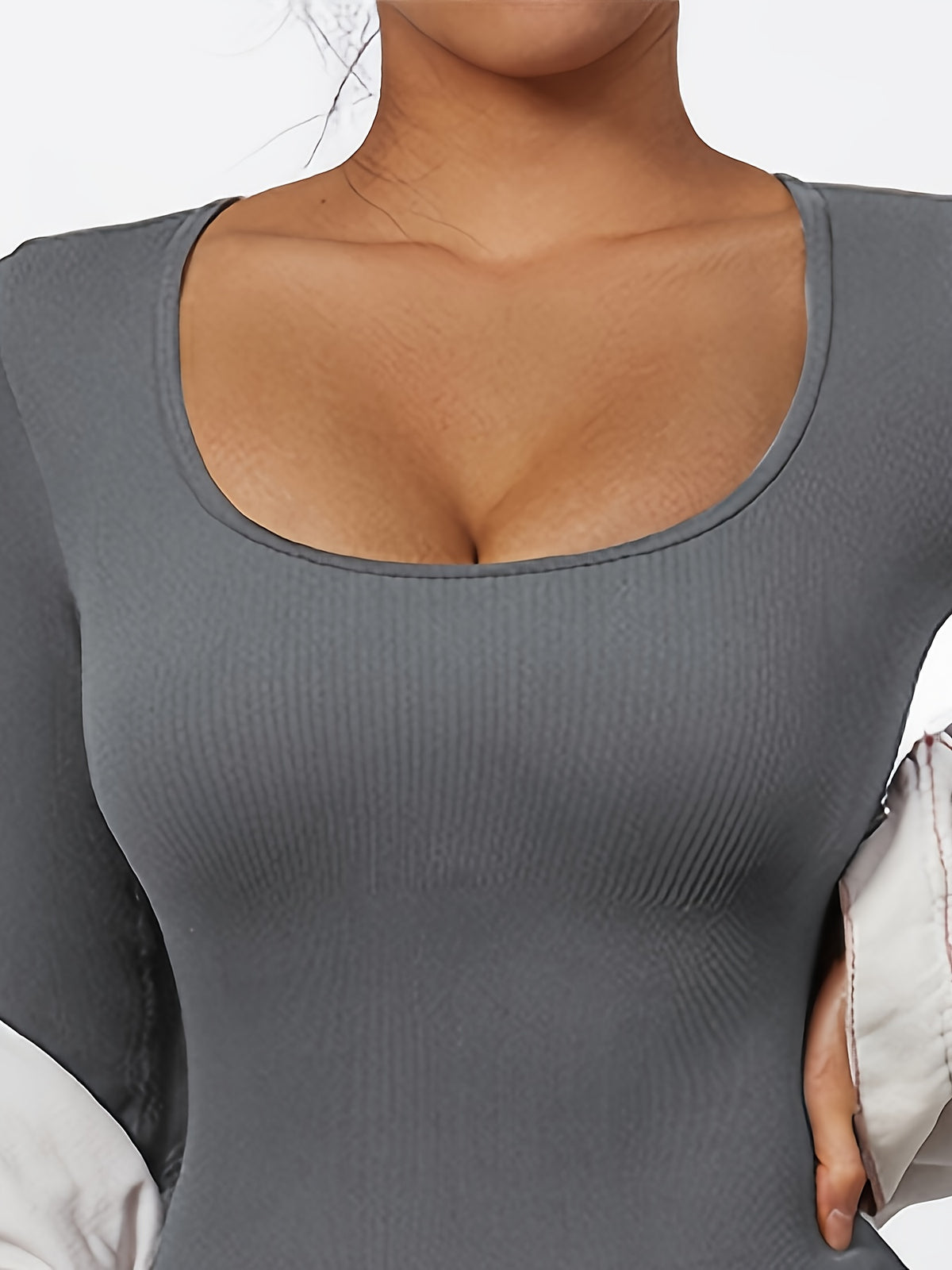 Ribbed Long Sleeve Seamless Jumpsuit - Grey
