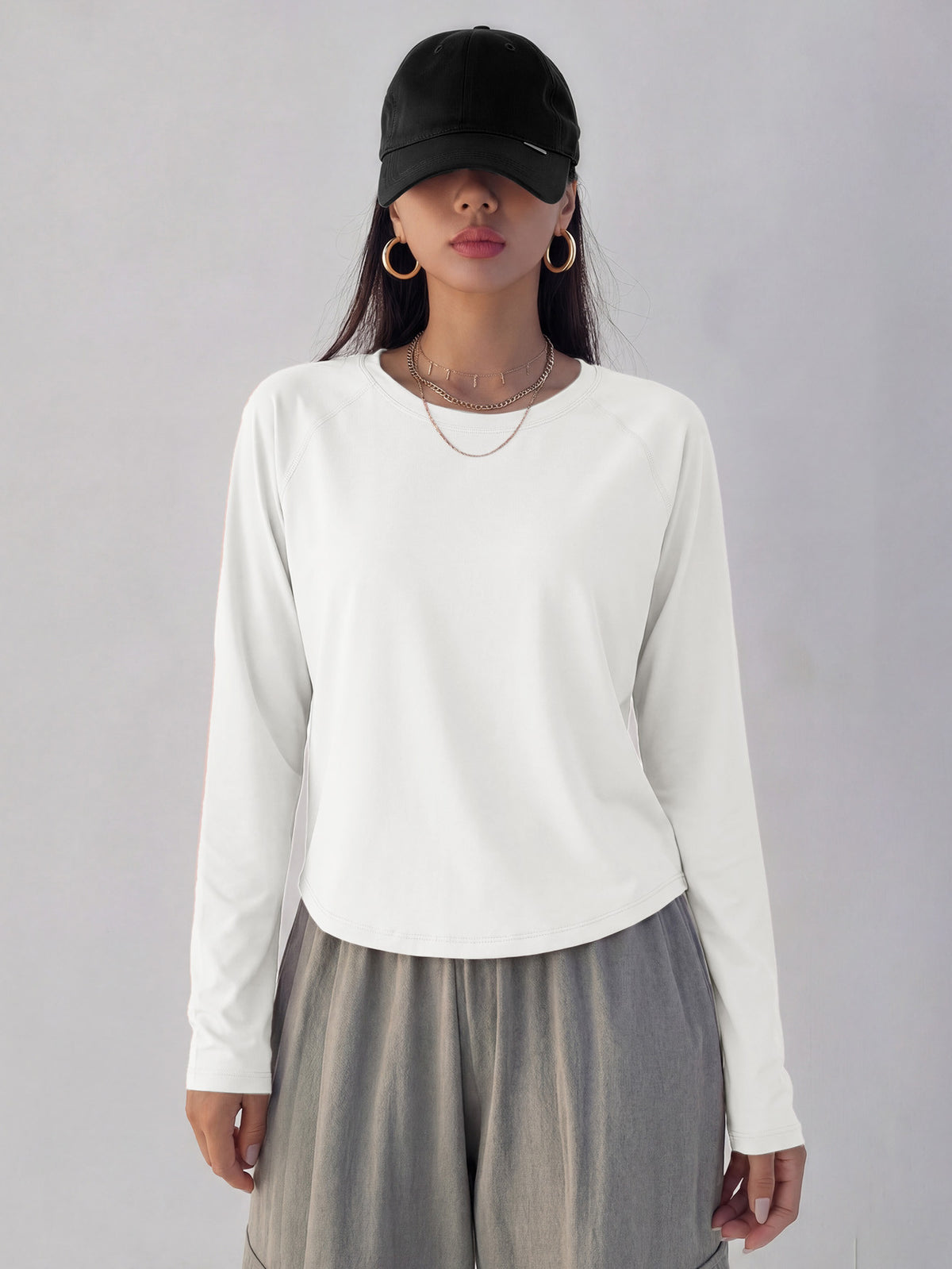 Mesh Back Panel Long Sleeve Top - White