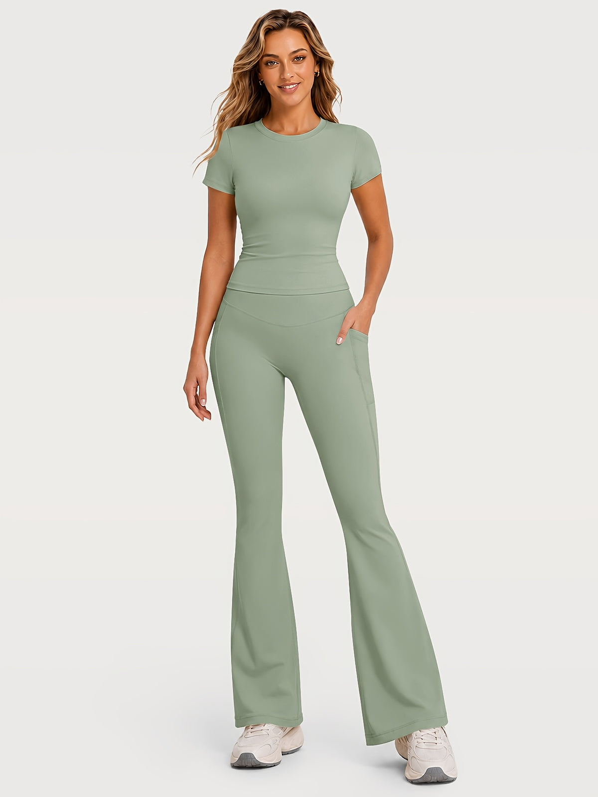 Fitted Tee & Flare Pants Set - Sage Green