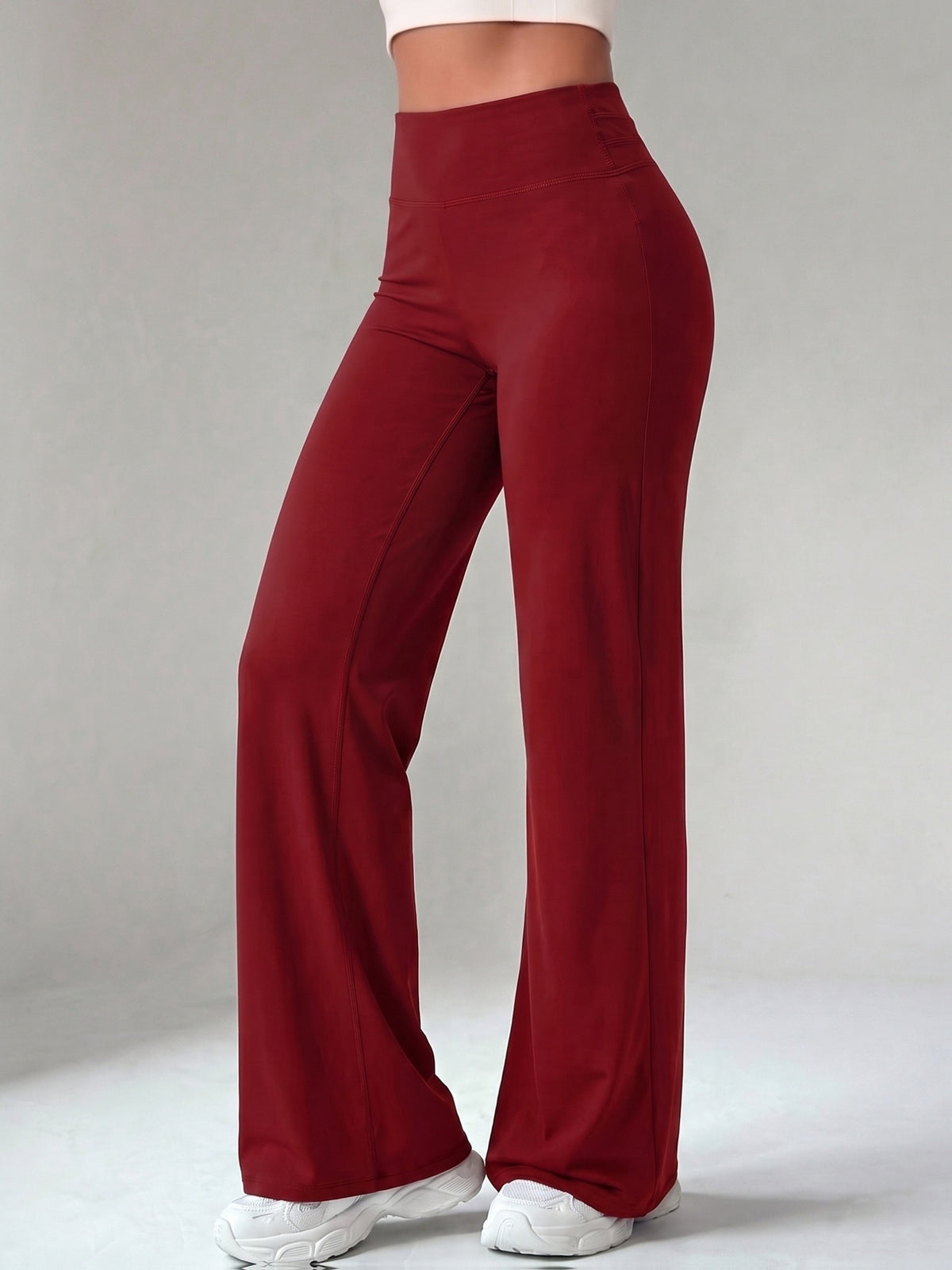 Wide Band Draped Straight Leg Pants - Burgundy