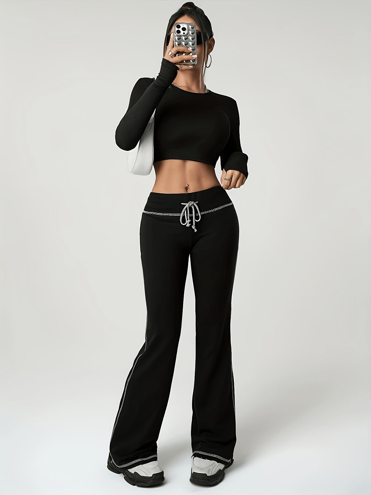 Drawstring Waist Flared Yoga Pants - Black