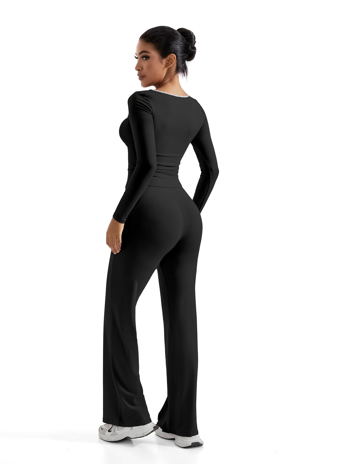 Long Sleeve High Waist Straight Pants Set - Black