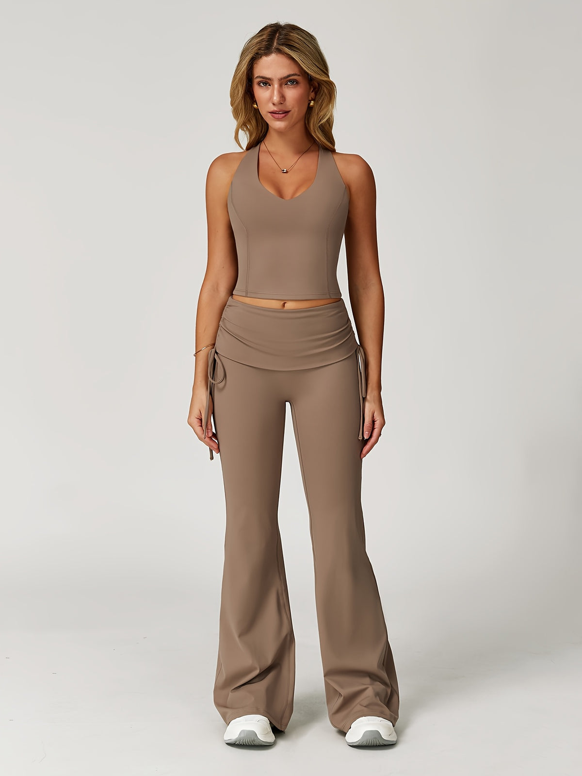 Drawstring Vest & Flare Pants Set - Camel