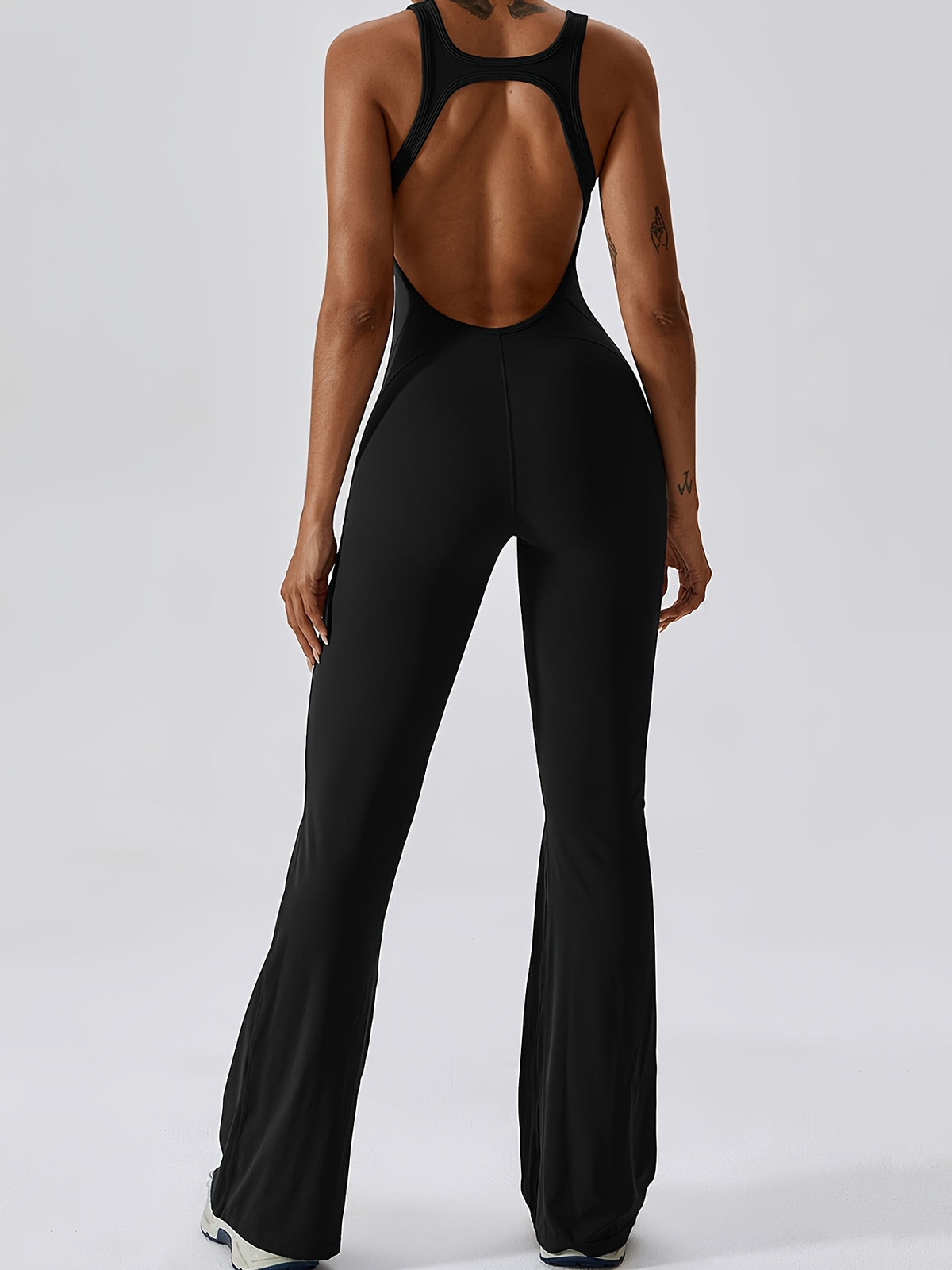 Open Back Padded Flare Jumpsuit - Black