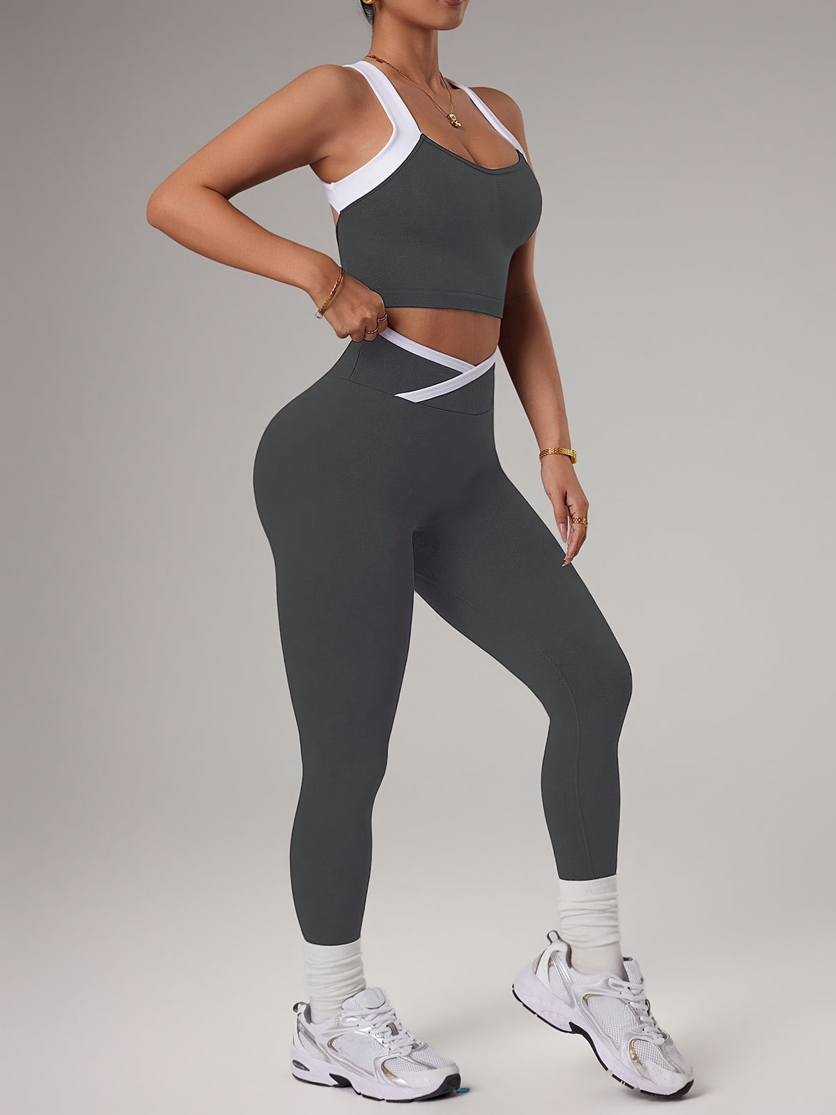Cross Strap Bra & Leggings Set - Dark Grey