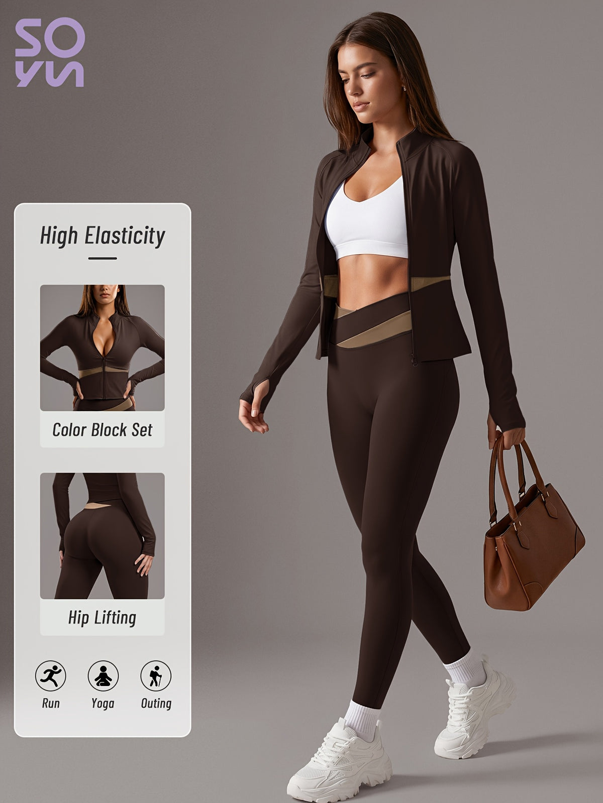 Color Block Cardigan Jacket & Slim Pants Set - Brown