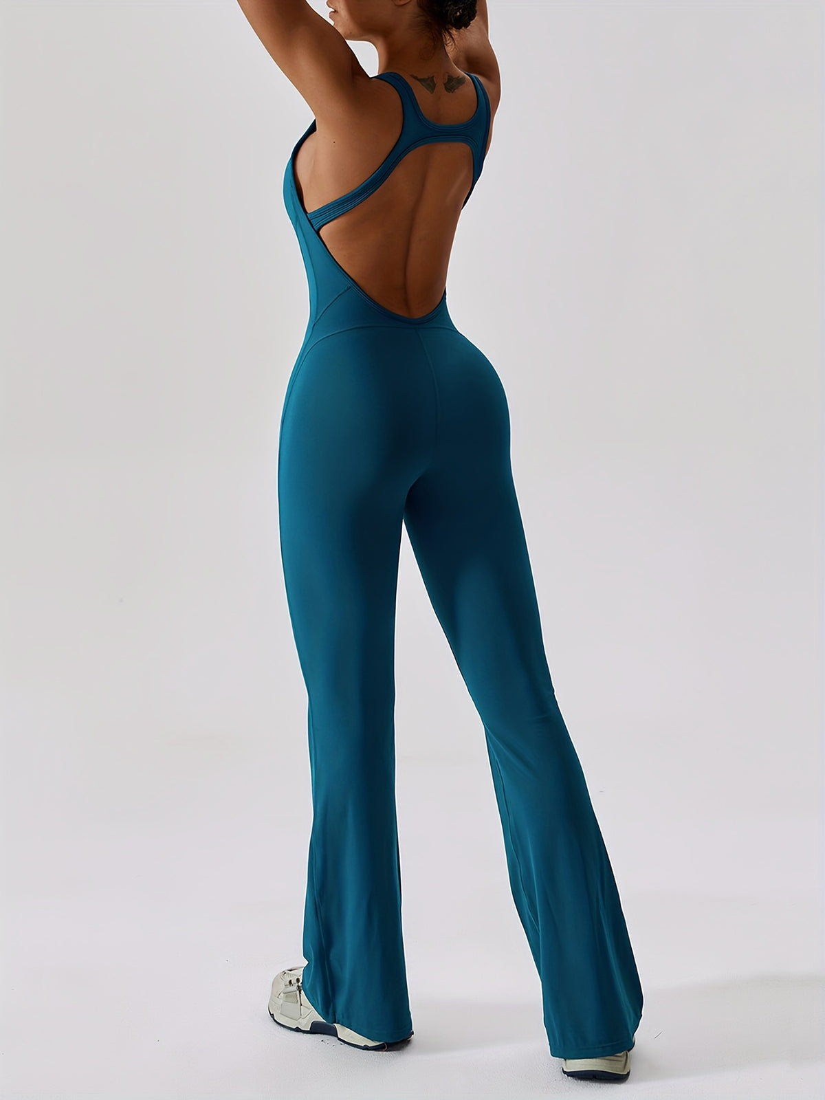 Open Back Padded Flare Jumpsuit - Dark Blue