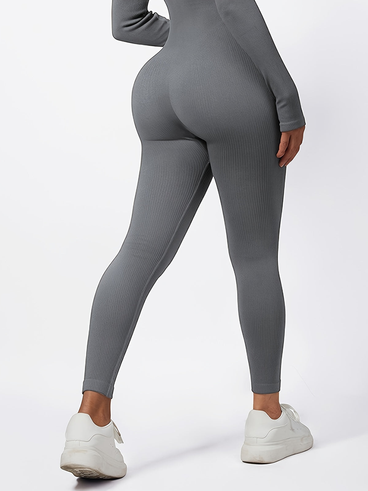 Ribbed Long Sleeve Seamless Jumpsuit - Grey