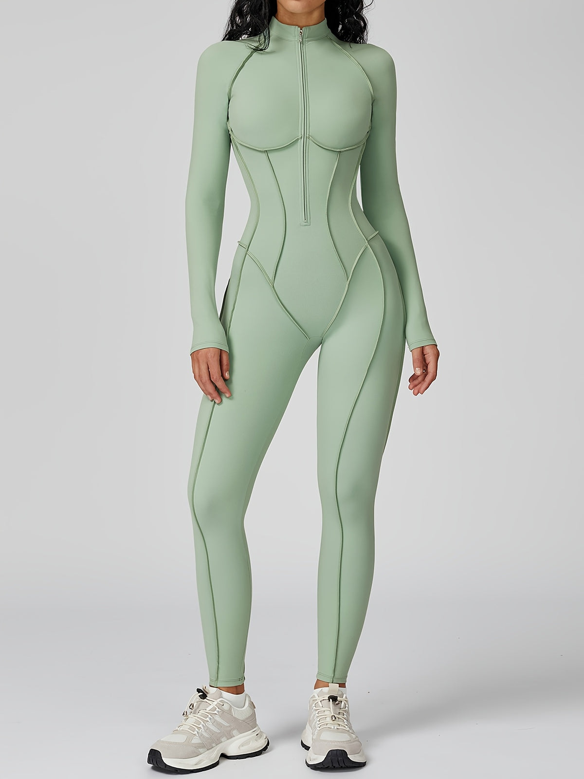 Half Zip Long Sleeve Jumpsuit - Stone Green
