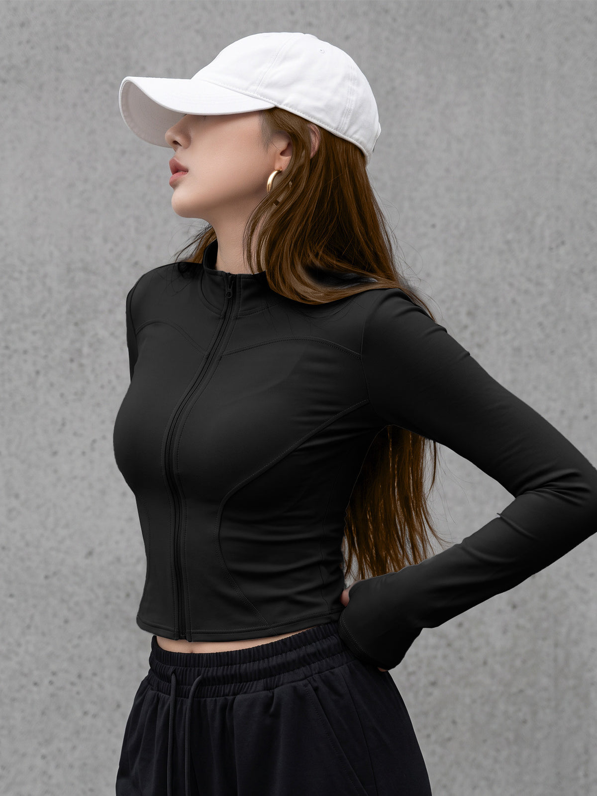 Thumbhole Stand Collar Zip Jacket - Black