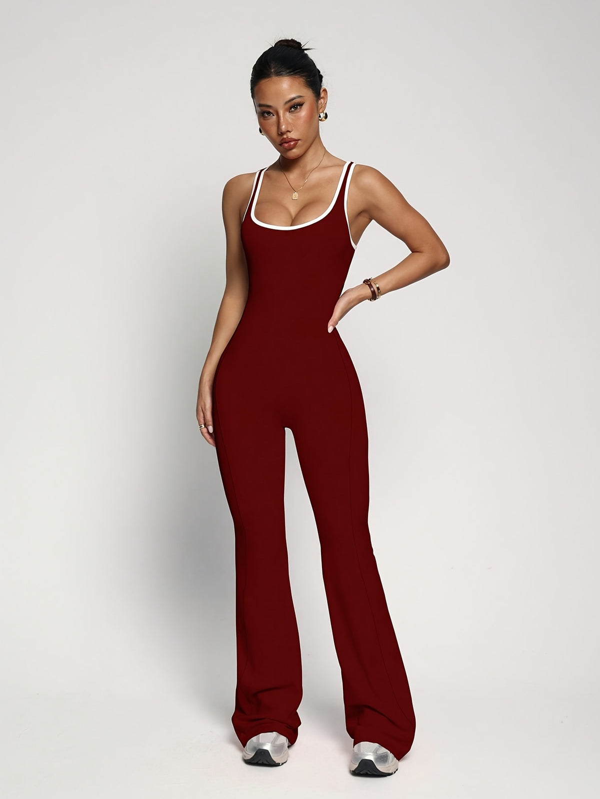 Cut Out Waist Flare Jumpsuit - Burgundy