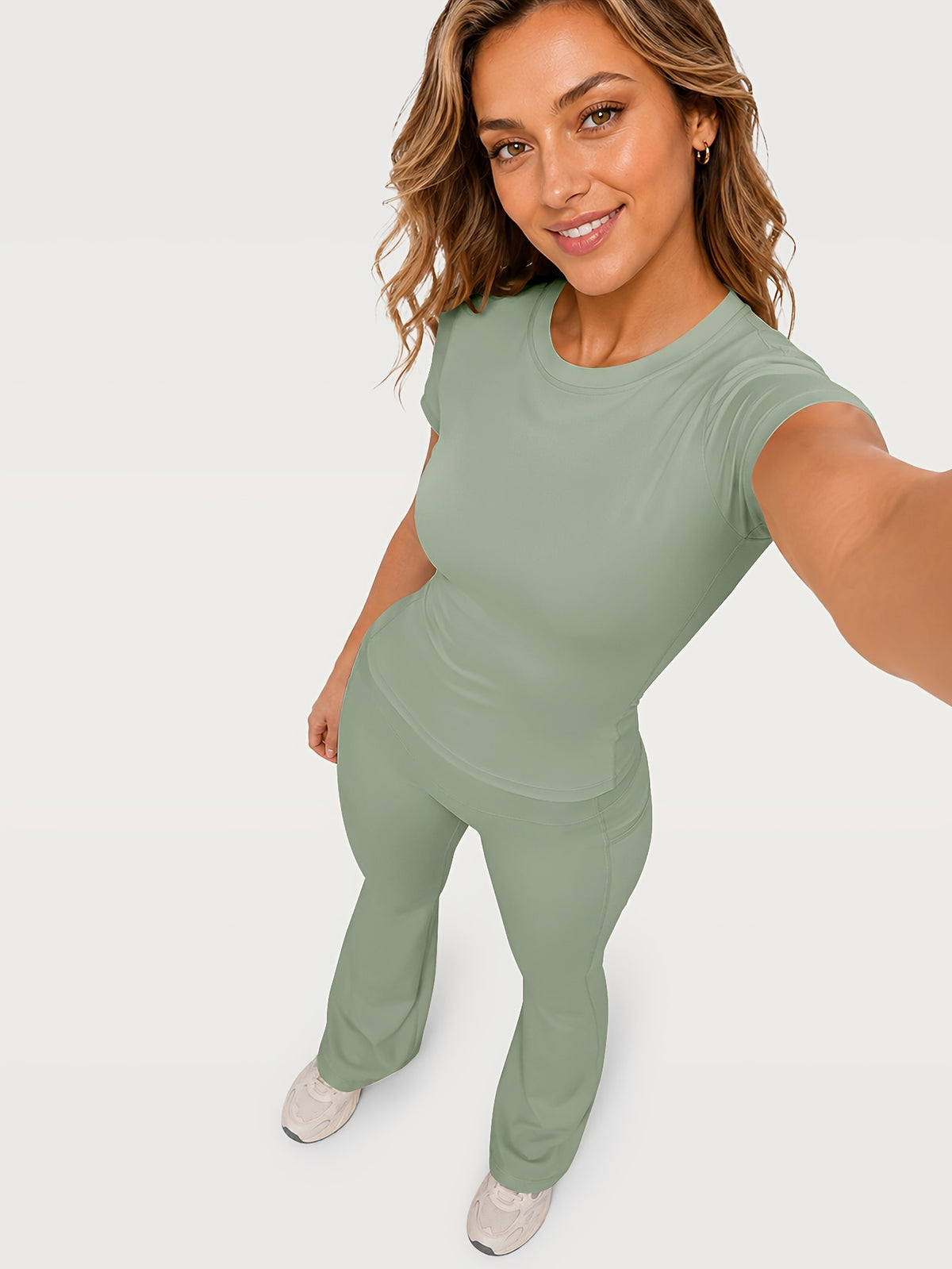 Fitted Tee & Flare Pants Set - Sage Green