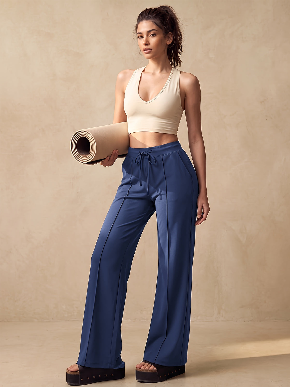 Drawstring Wide Leg Pocket Yoga Pants - Navy