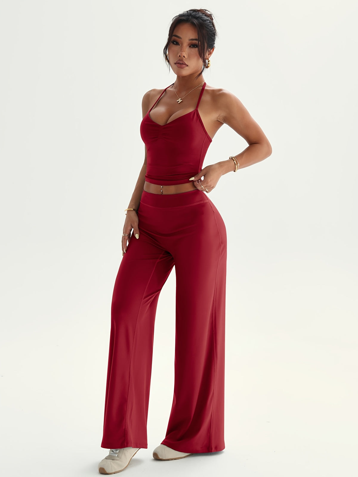 Shaper Top & Straight Leg Pants Set - Burgundy