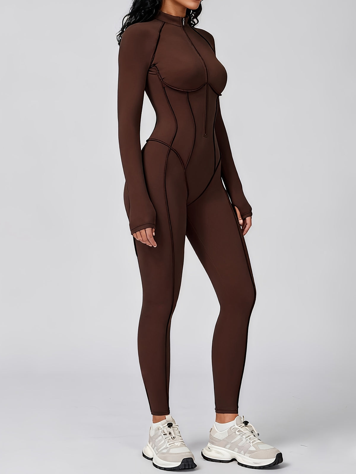 Half Zip Long Sleeve Jumpsuit - Coffee
