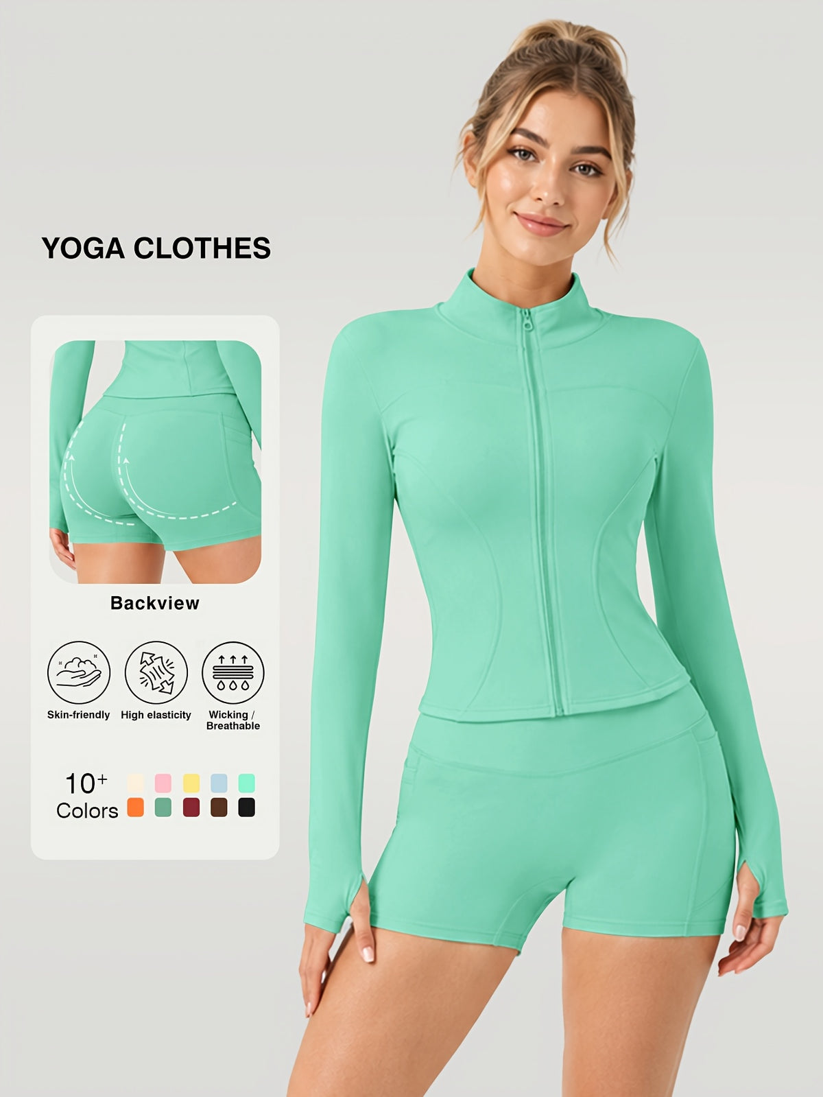 Stand Collar Zip Jacket & Pocket Shorts Set - Green