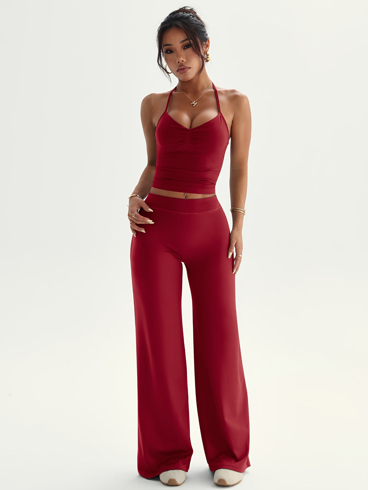 Shaper Top & Straight Leg Pants Set - Burgundy