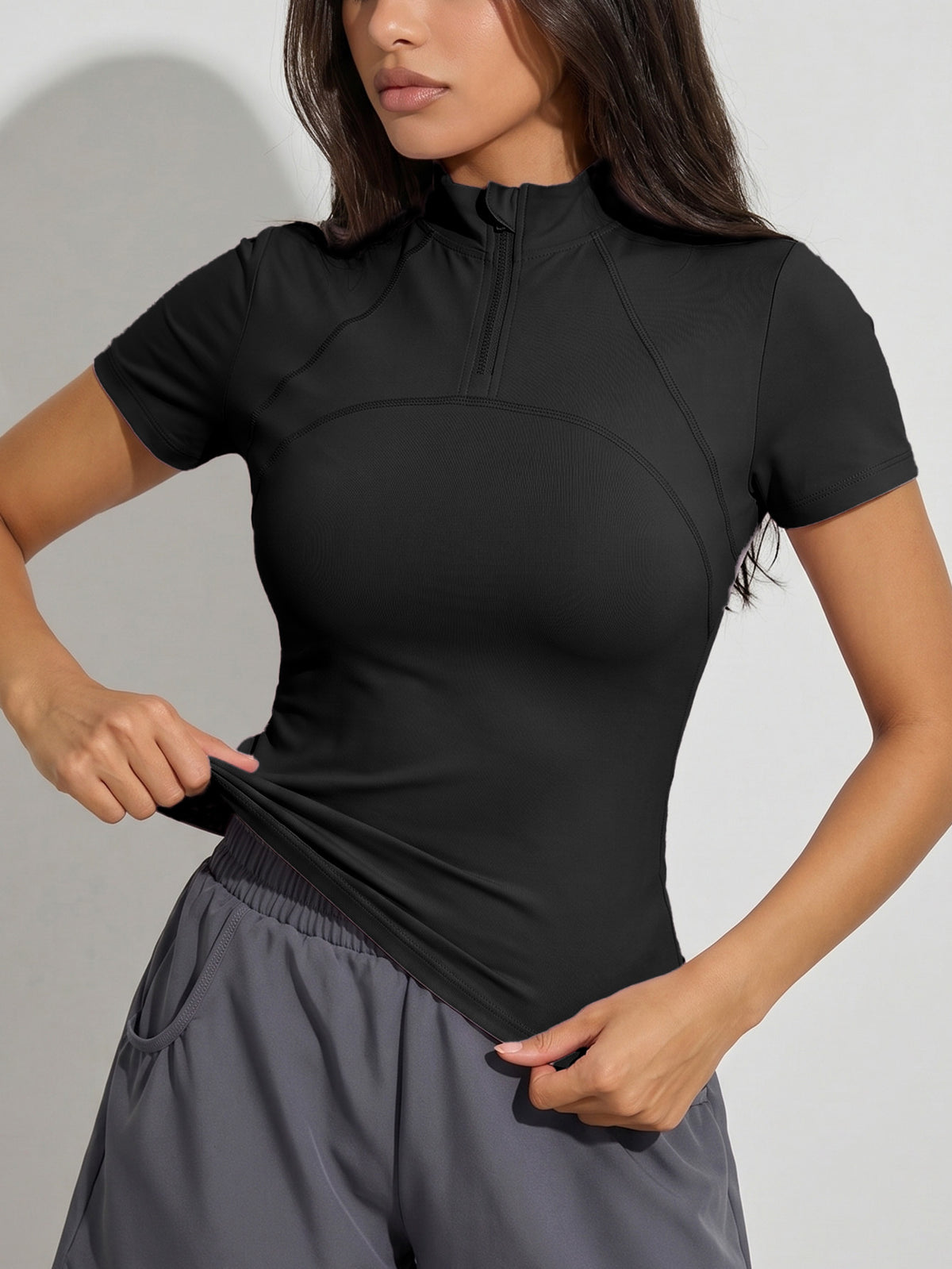 Half Zip Fitted Tee - Black