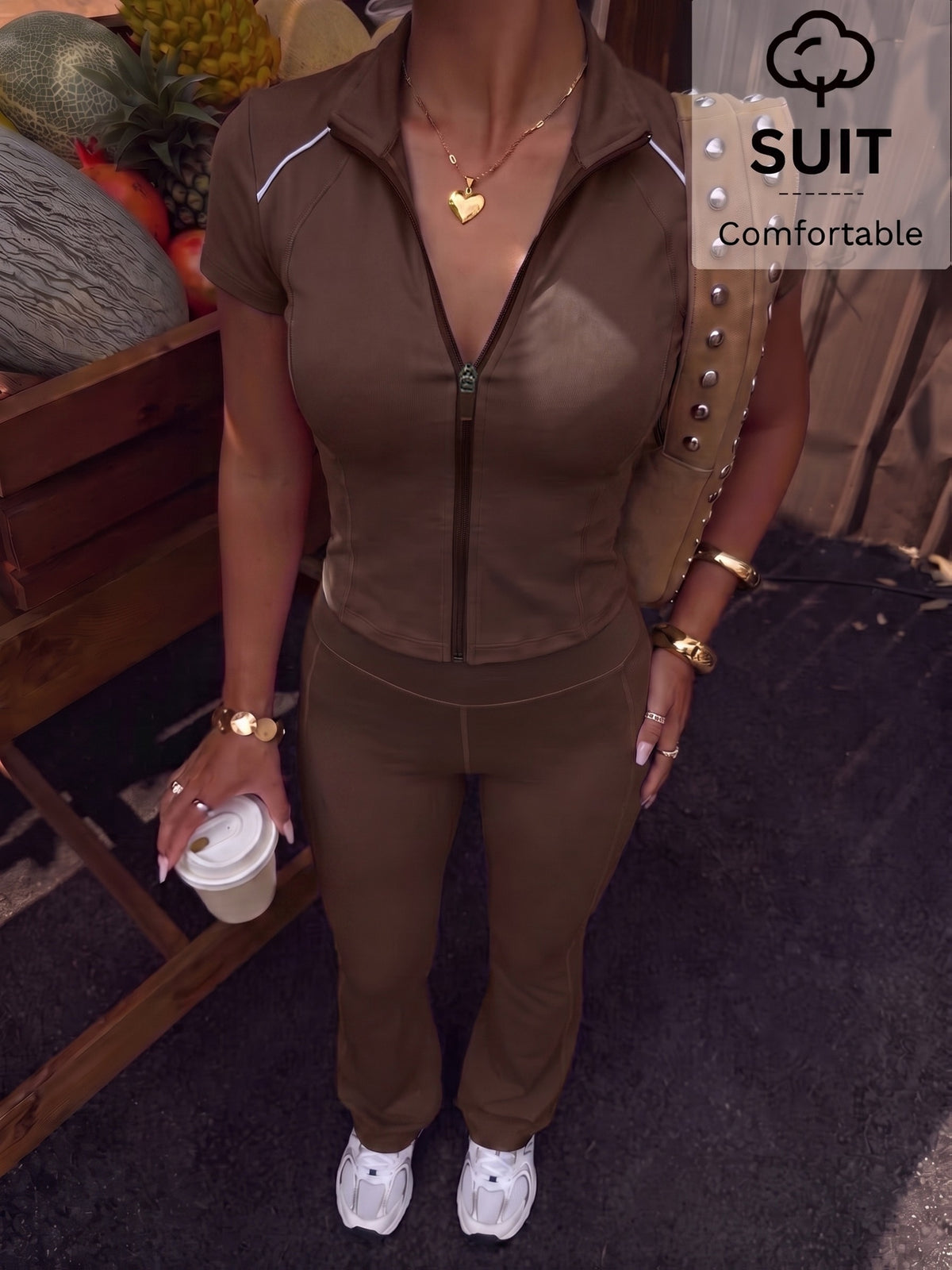 Zipper Jacket & Wide Leg Trousers Set - Coffee