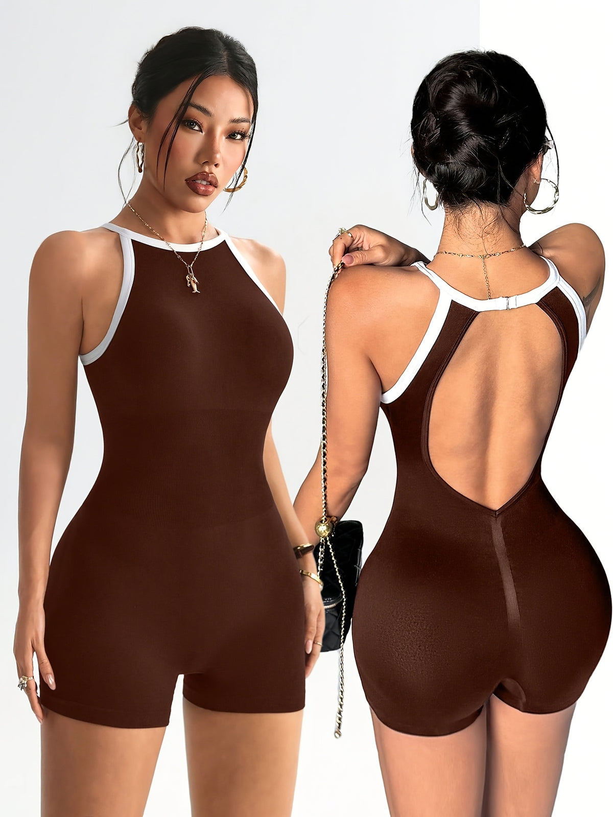 High Neck Open Back Romper - Dark Brown