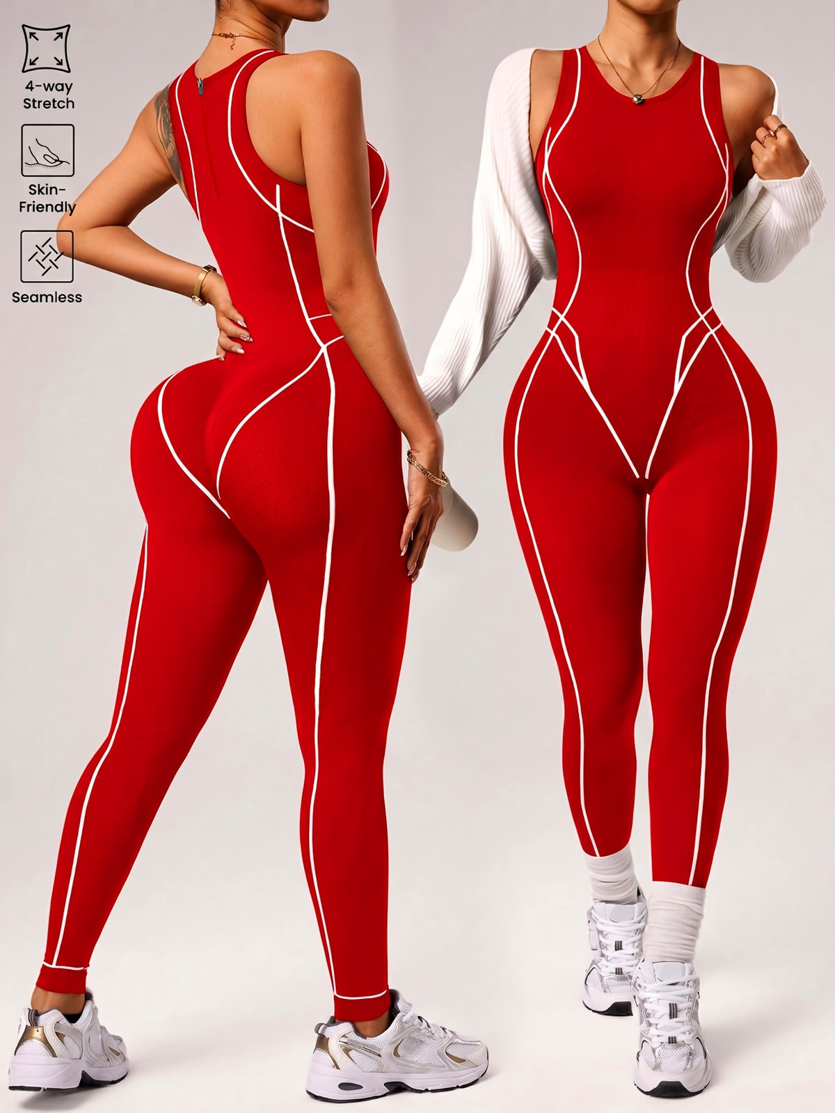 Back Zip Contour Line Jumpsuit - Red