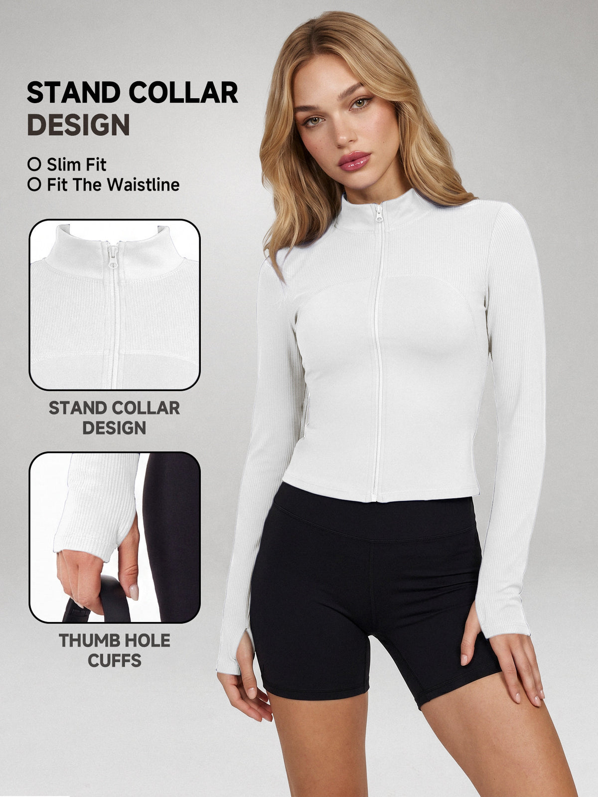 Thumbhole Cuff Zip Jacket - White