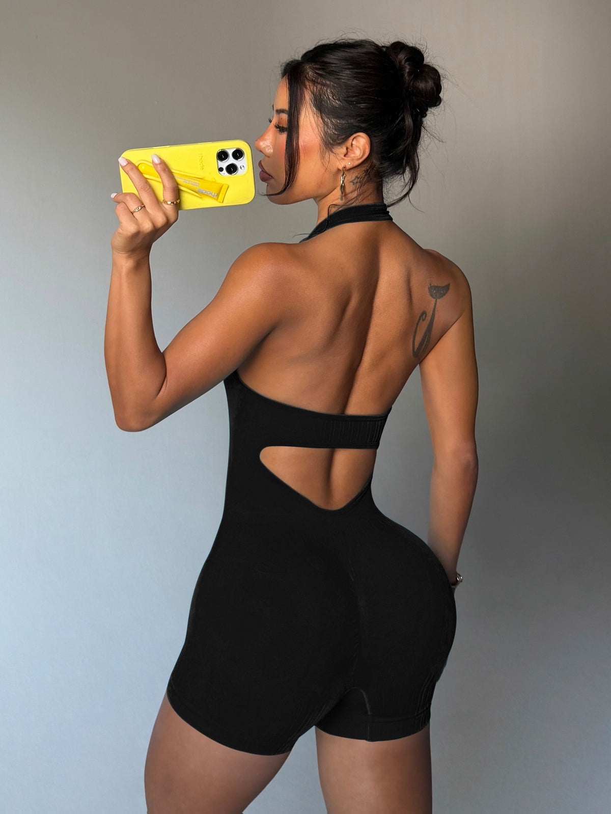 Halter Cutout Back Romper - Black