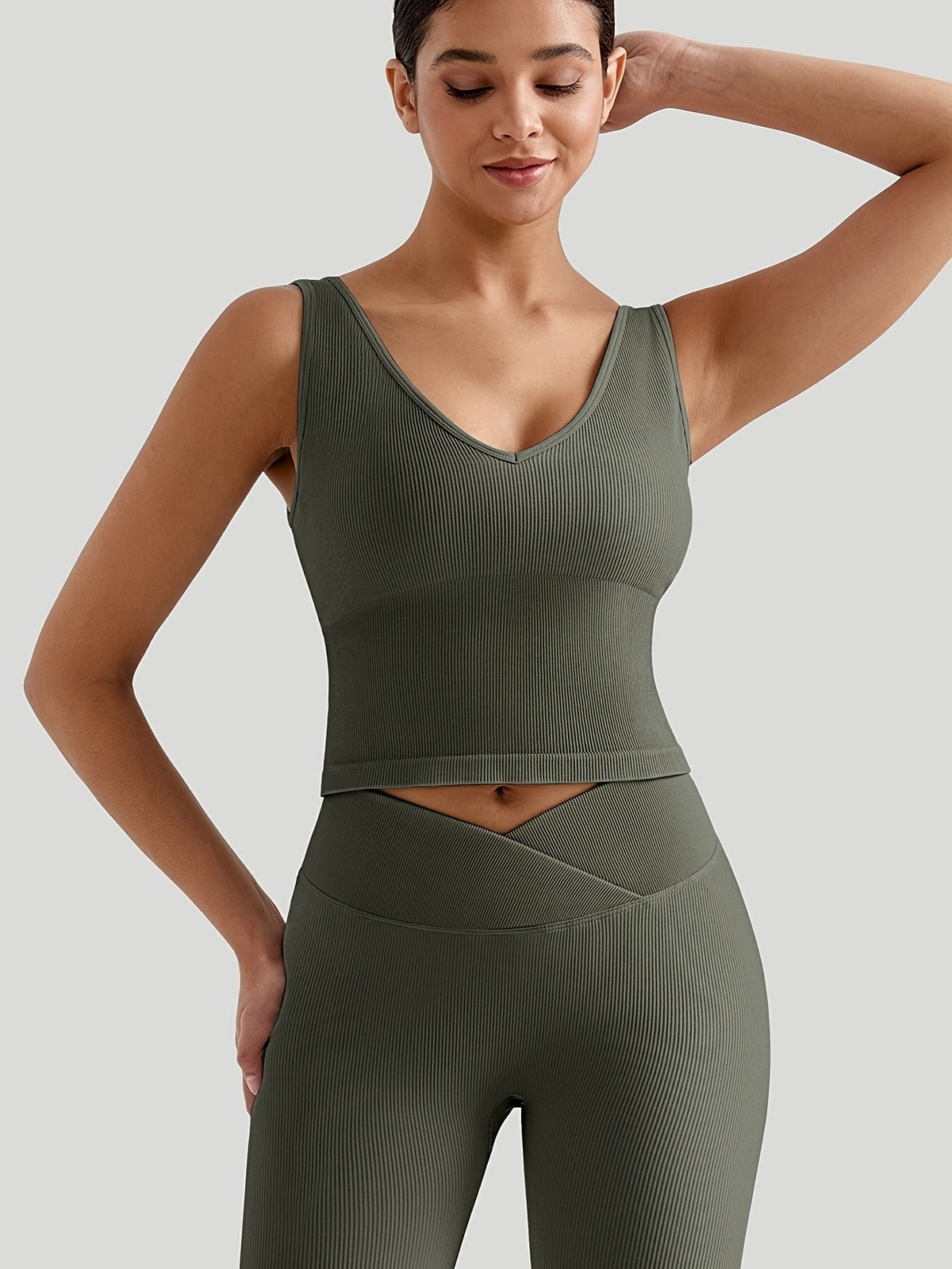 Ribbed V-Neck Tank & V-Waist Flare Set - Fern Green