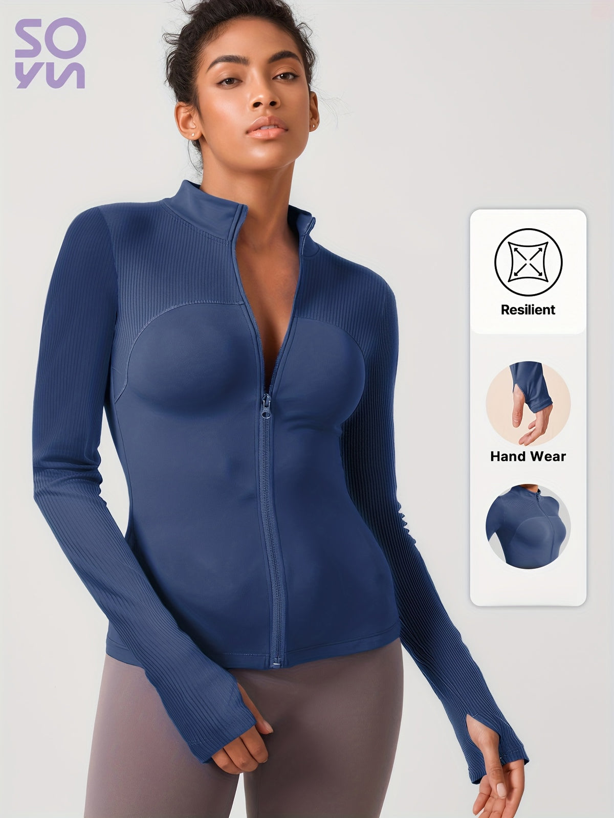 Striped Stand Collar Thumbhole Jacket - Navy