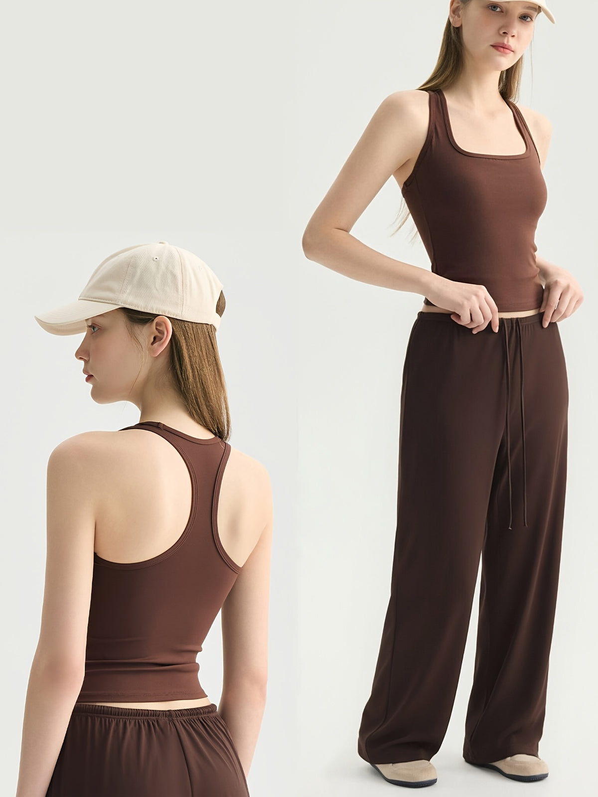 Padded Vest & Wide Leg Pants Set - Coffee