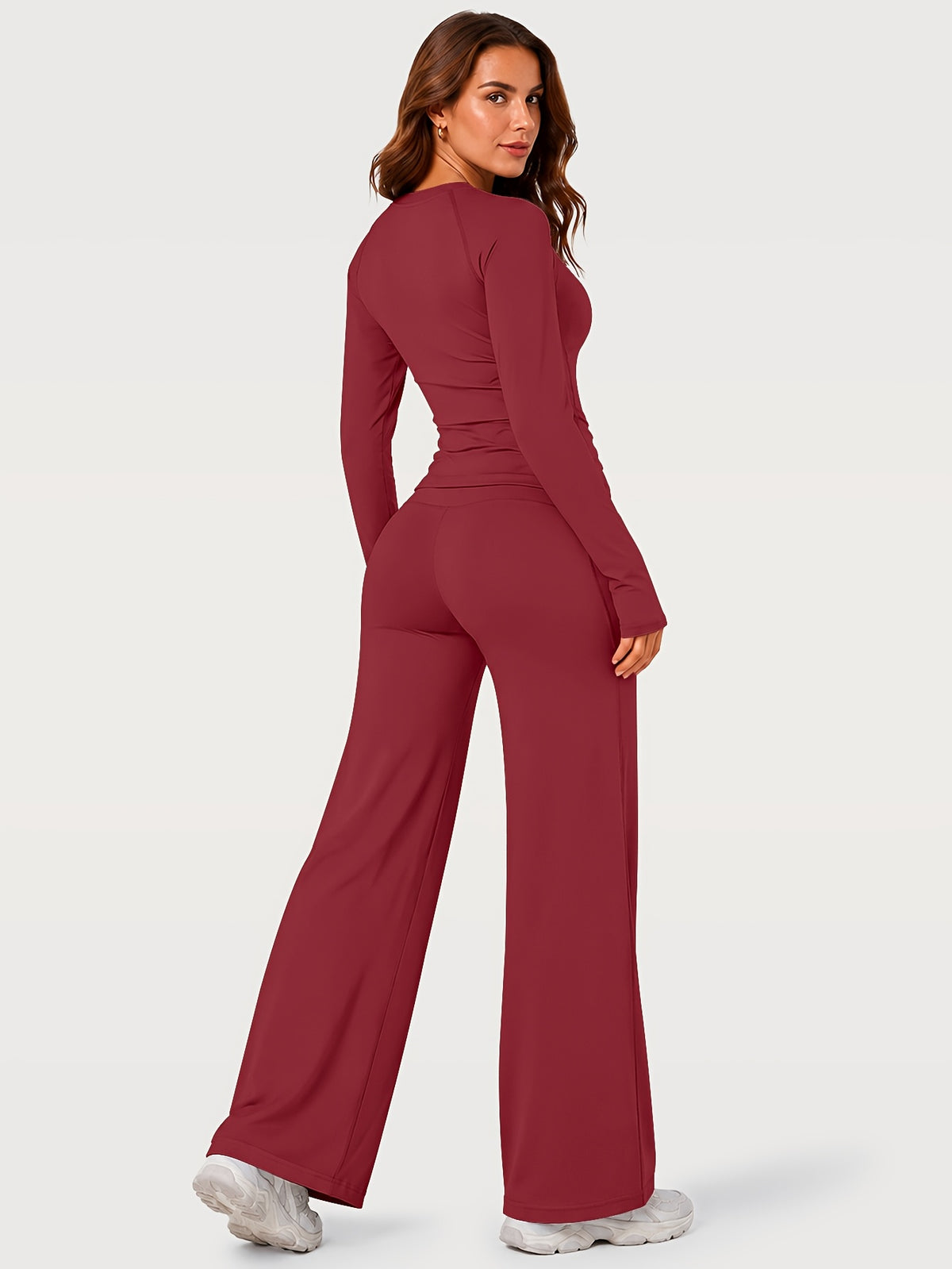 Thumbhole Top & Wide Leg Yoga Pants Set - Burgundy