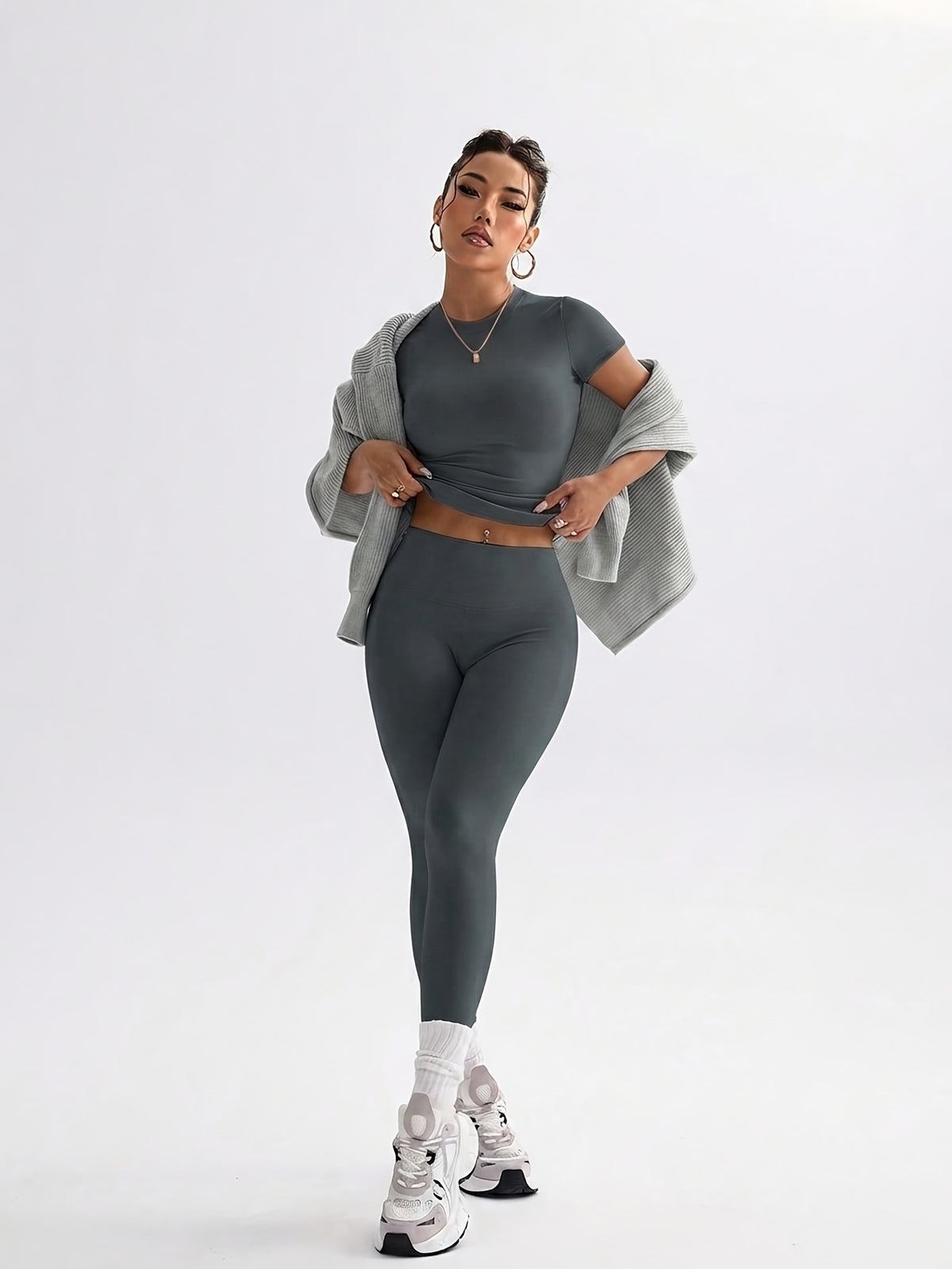 Cropped Tee & Leggings Set - Slate Grey
