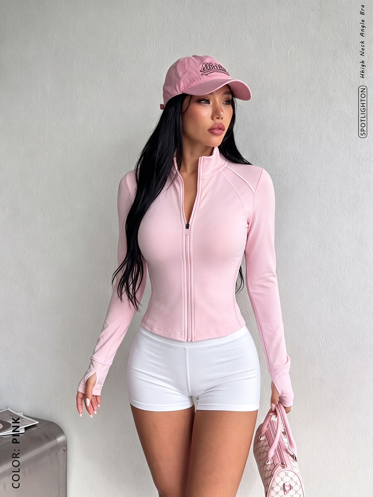 Cropped Stand Collar Jacket - Pink