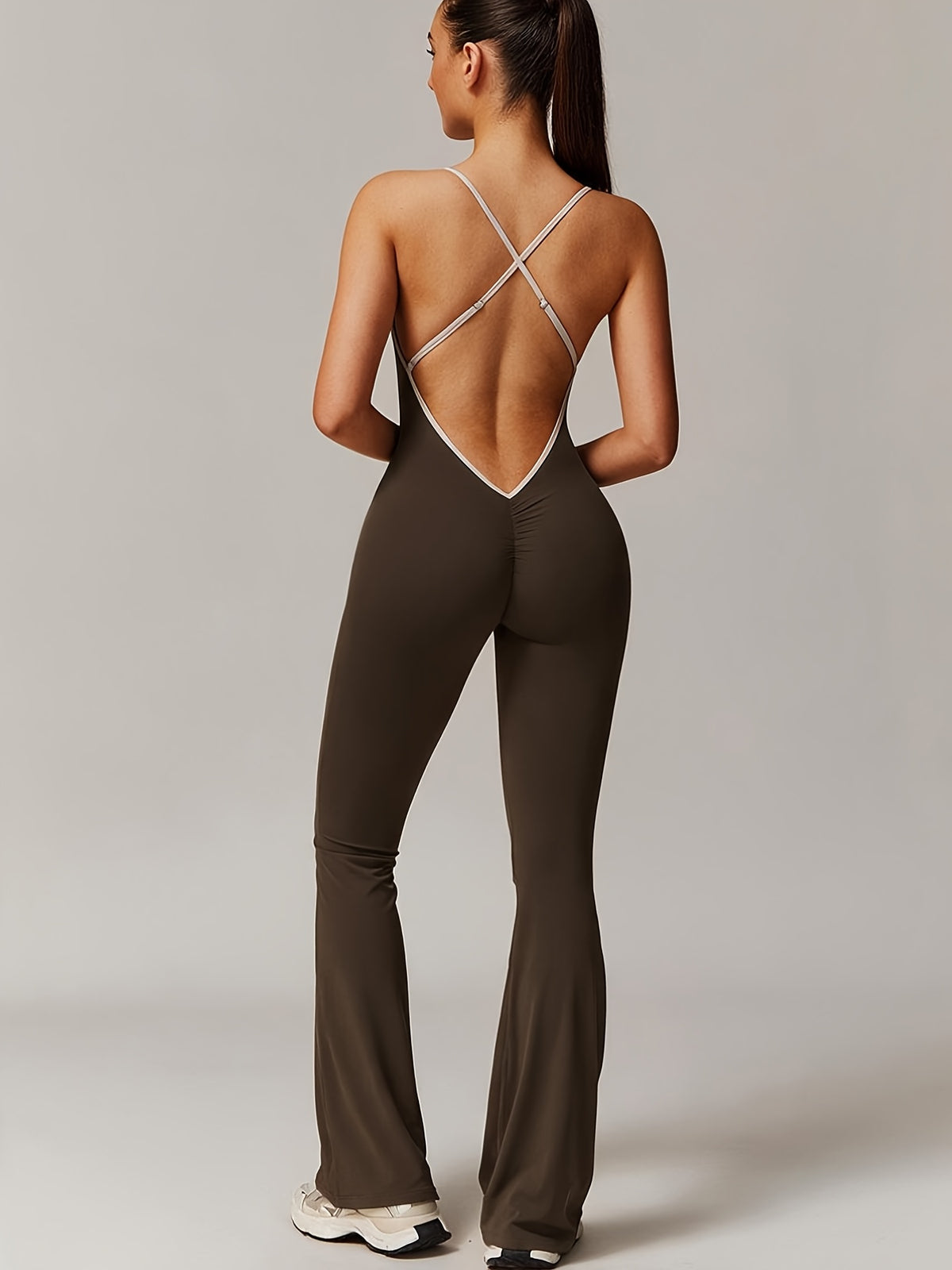 Crisscross Back Ruched Flare Jumpsuit - Coffee