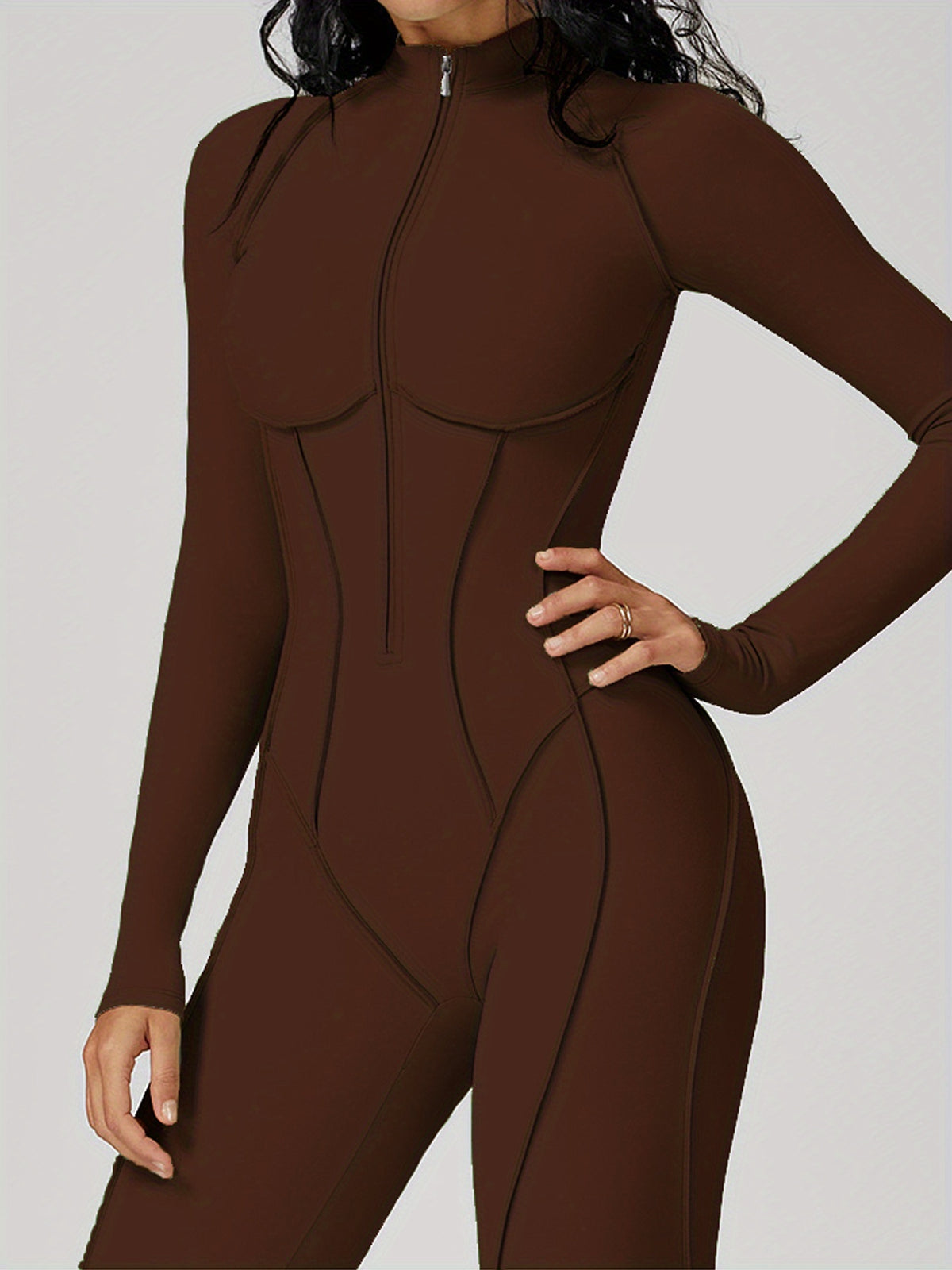 Half Zip Long Sleeve Jumpsuit - Coffee