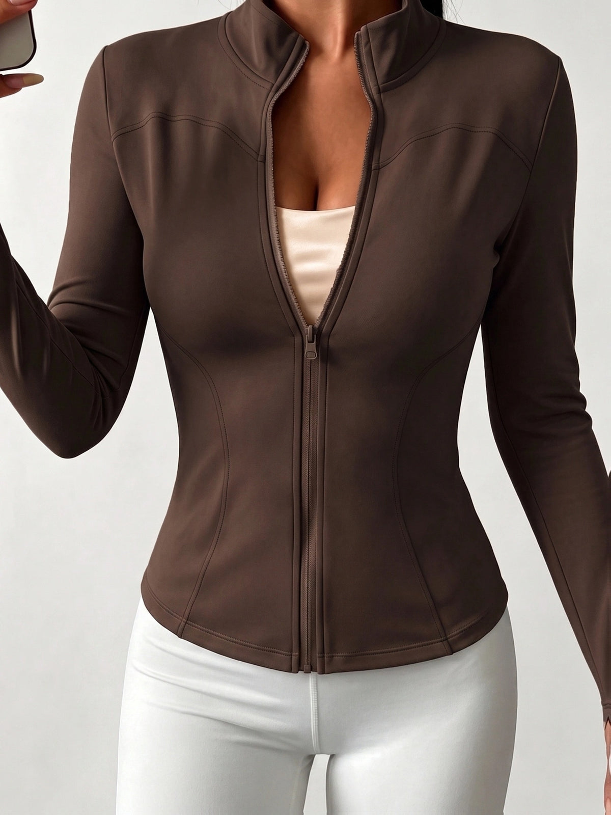 High Neck Thumbhole Zip Jacket - Coffee