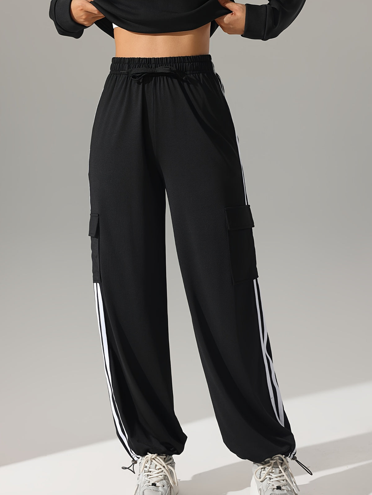 Side Stripe Drawstring Tapered Joggers - Black