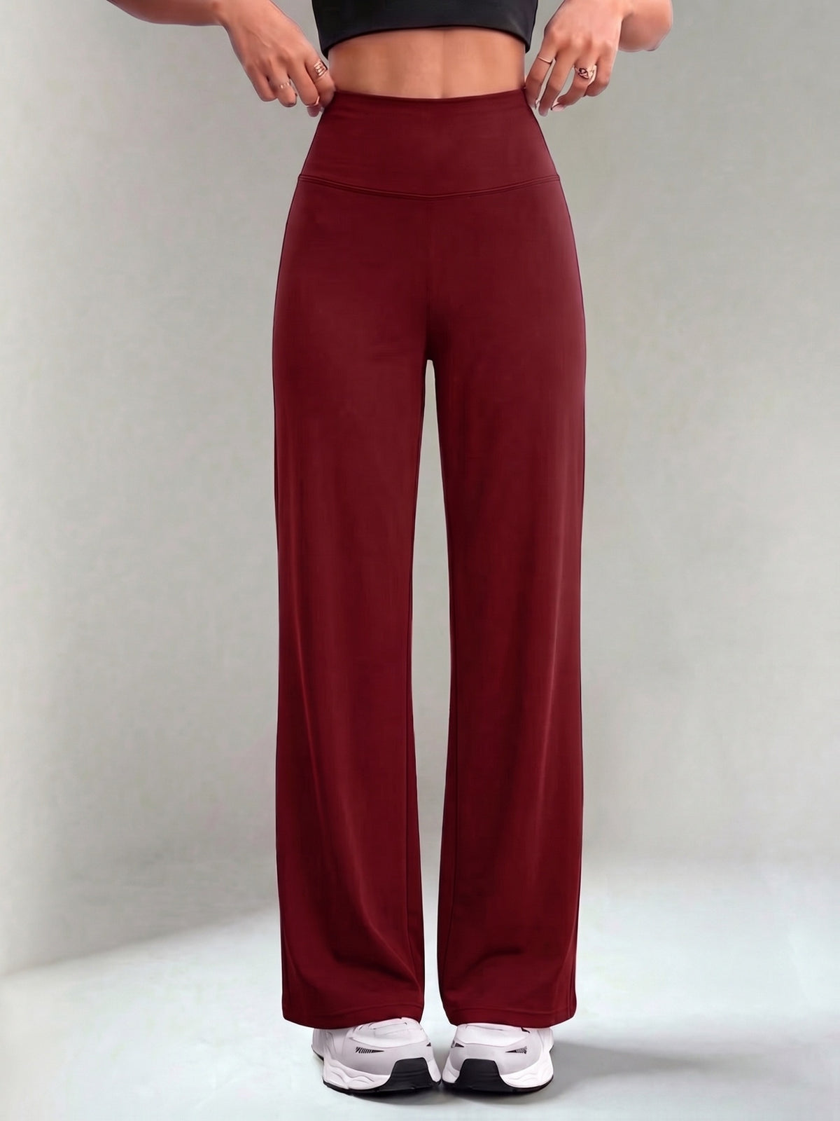 Wide Band Draped Straight Leg Pants - Burgundy